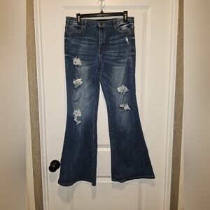 Almost Famous Distressed Flare Jeans in Blue